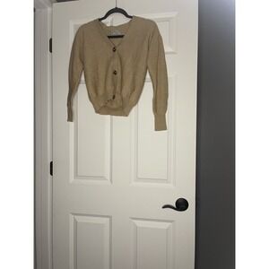 Poof Apparel Ribbed Cropped Cardigan Sweater Brown Small